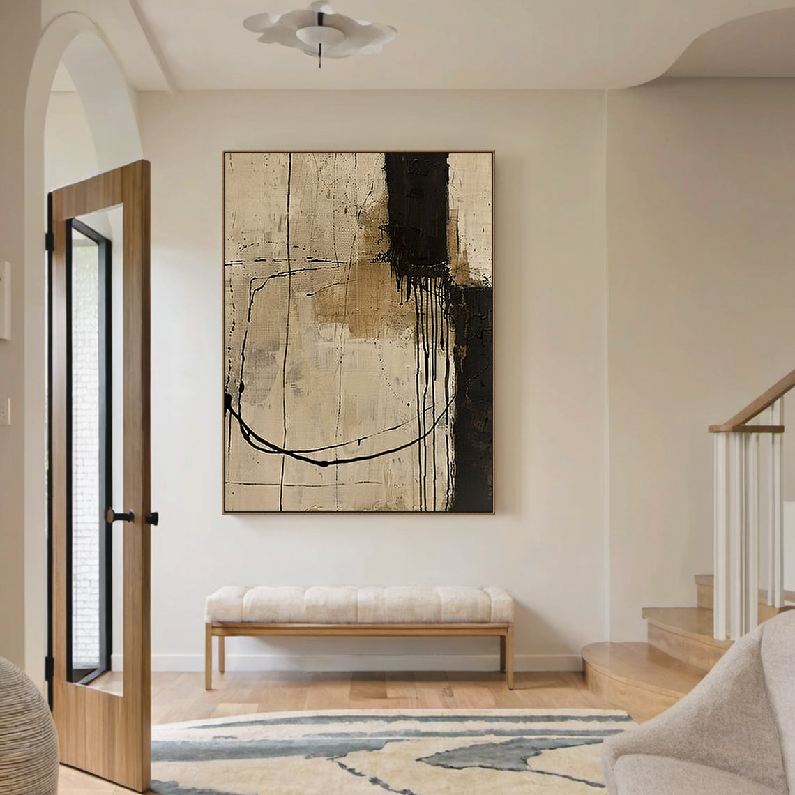 Wabi Sabi Beige Black Tactile Canvas Art with Paint Drip Details Irregular Lines Rustic Texture AURA586