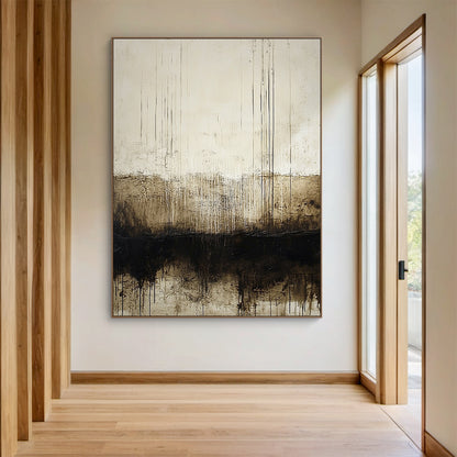 Wabi Sabi Beige Black Abstract Art with Dripped Paint Scratch Marks Tactile Texture Vertical Lines AURA590