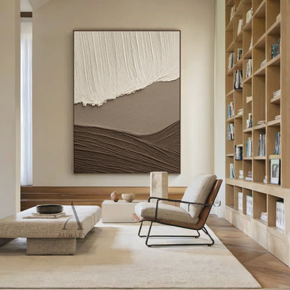 Beige Brown Landscape Art Thick Textured Canvas with Vertical Strokes Wavy Folds Modern Organic Minimalist Luxe AURA469