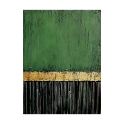 Minimalist Wall Art Green Black Textured Brush Strokes Distressed Gold Vertical Stripes Luxe Piece AURA437