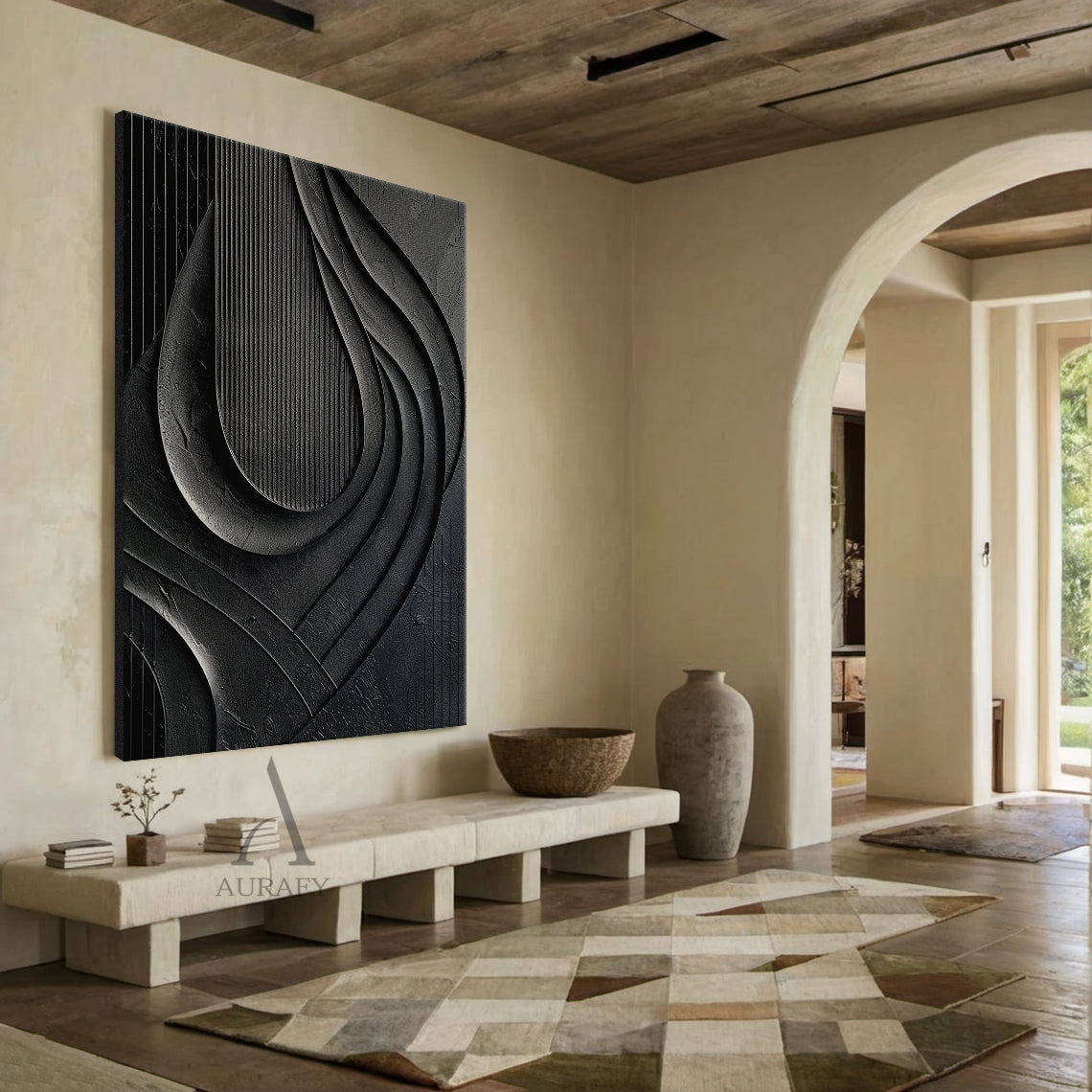 Minimalist Black Wall Art Sculpted High-Relief Tactile Matte Ribbed Modern Organic Design AURA424