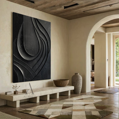 Minimalist Black Wall Art Sculpted High-Relief Tactile Matte Ribbed Modern Organic Design AURA424