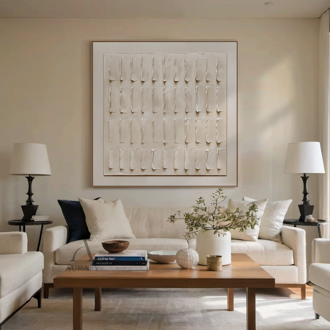 Beige Abstract Plaster Textured Art Sculpted Vertical Grid Tactile Minimalist Luxe Canvas AURA605