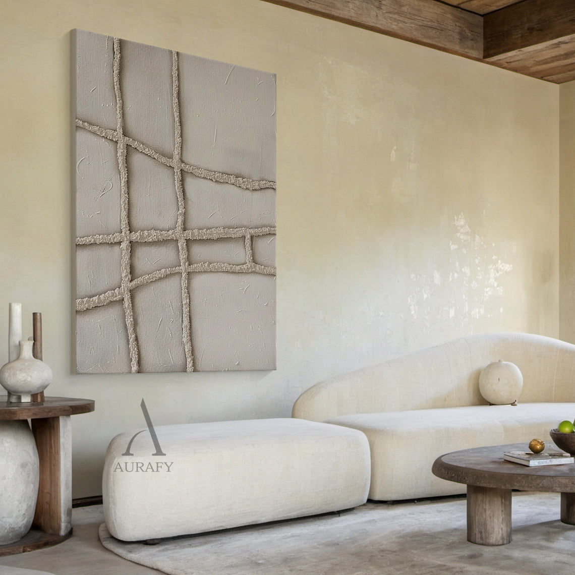 3D Textured Plaster Painting Japandi Wabi-Sabi Beige Minimalist Luxe Geometric Tactile Sculpted Canvas Art AURA788