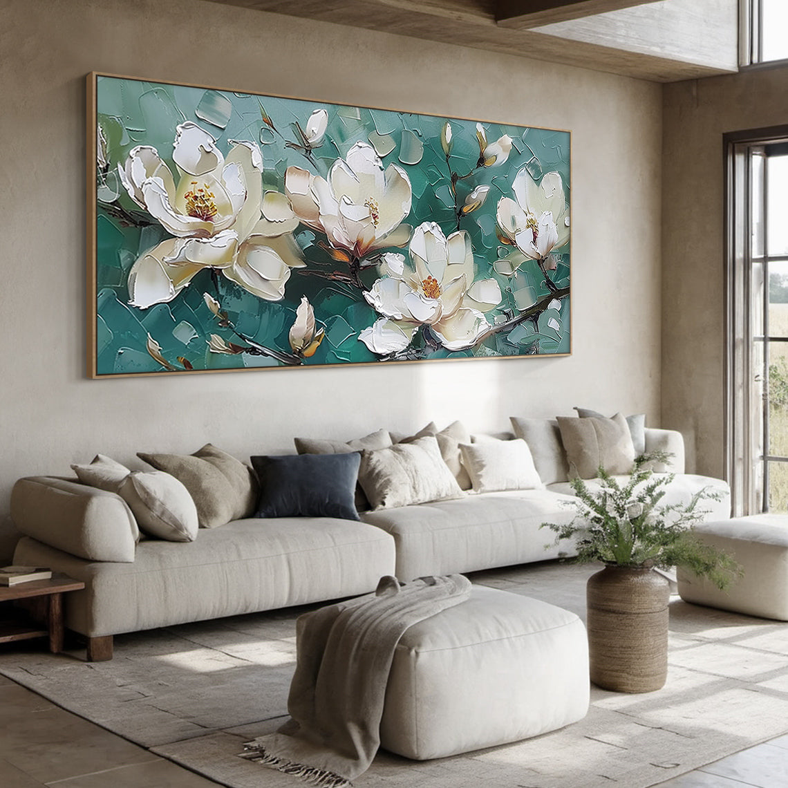 Textured Magnolia Oil Painting Green White Palette Knife Modern Organic Japandi Floral Wall Decor AURA717