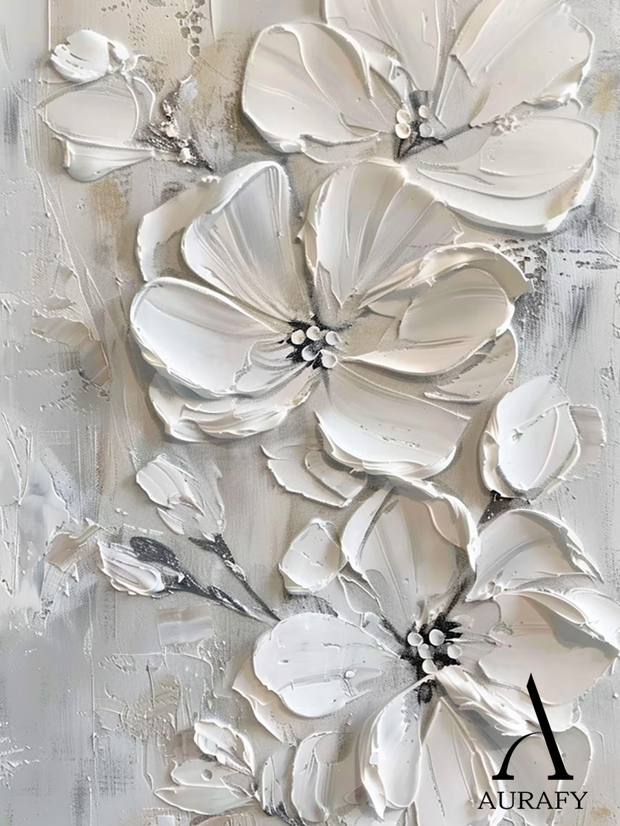 3D Textured Painting Gray White Abstract Floral Sculpted Canvas Tactile High-Relief Impasto Modern Organic Artwork AURA515