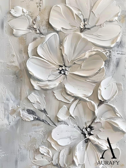3D Textured Painting Gray White Abstract Floral Sculpted Canvas Tactile High-Relief Impasto Modern Organic Artwork AURA515