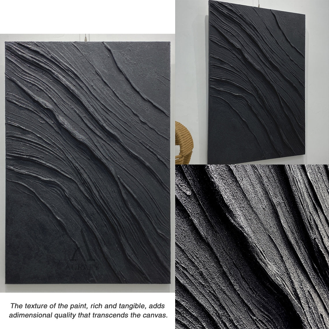 Minimalist Black Wall Art Sculpted Wave-Layered Tactile High-Relief Modern Organic Decor Piece AURA449