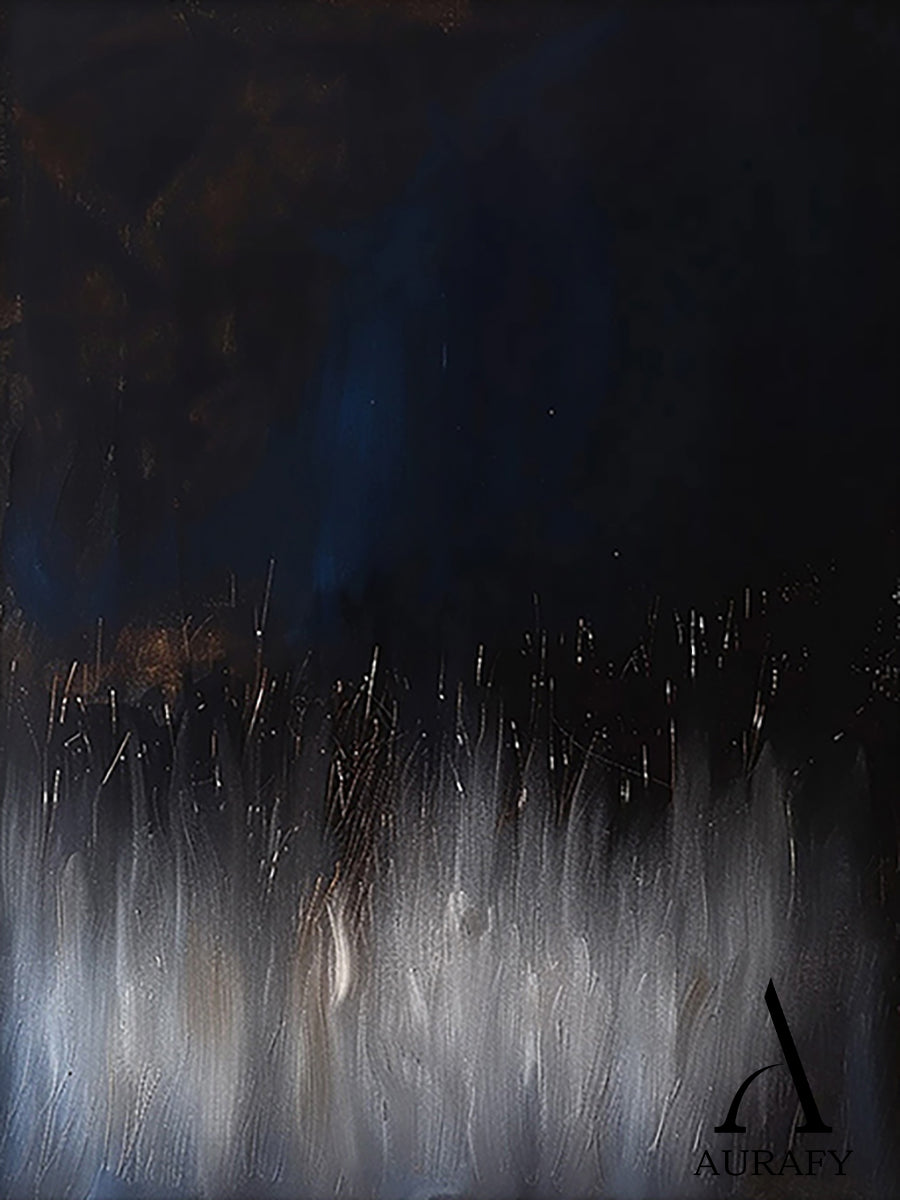 Abstract Black Blue Artwork Abstract Expressionist with flowing vertical texture, star-like light accents AURA504