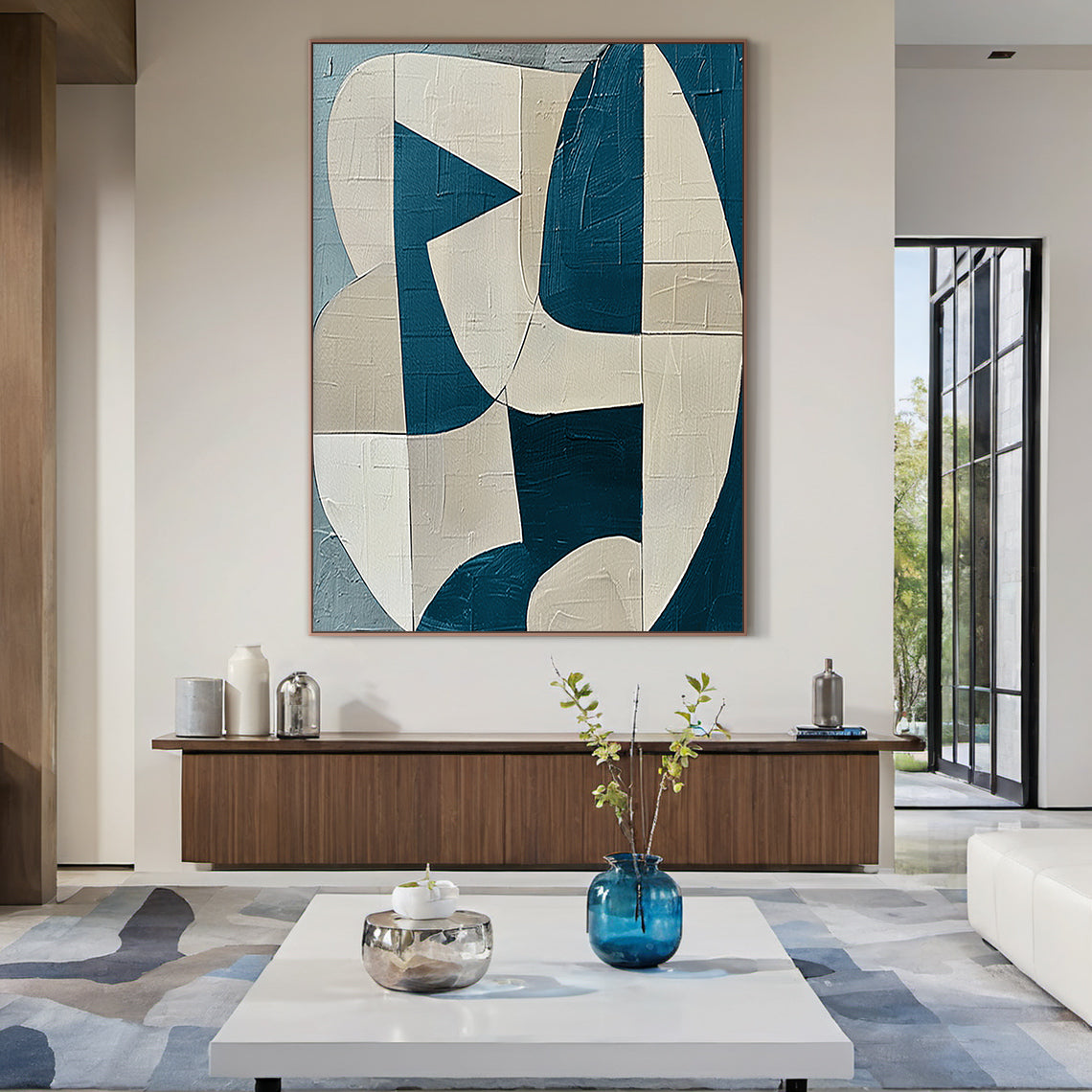 Textured Abstract Blue Beige Wall Art for Modern Living Room AURA164