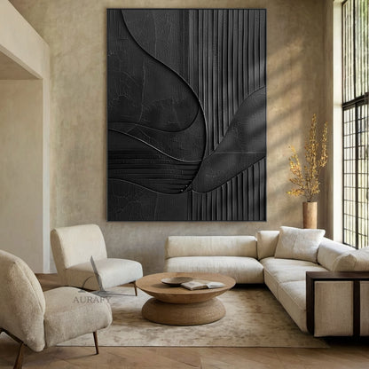 Minimalist Black Wall Art Crackled Texture Vertical Striped Tactile Sculpted Abstract Modern Organic AURA425