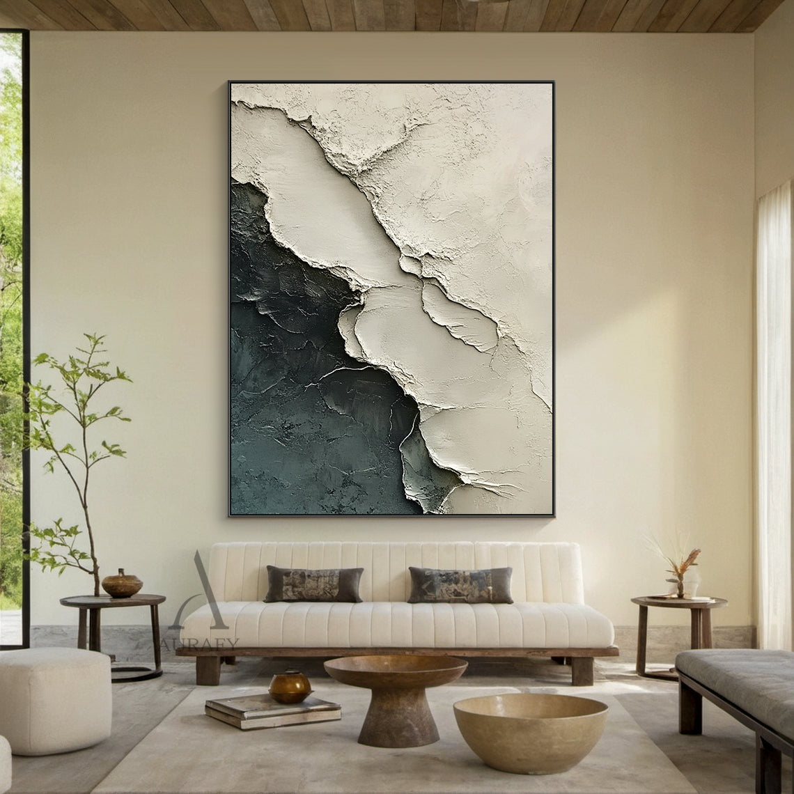Abstract Landscape Art Impasto Cracked Texture Beige Black Wabi-Sabi Tactile Canvas Wall Decor AURA440