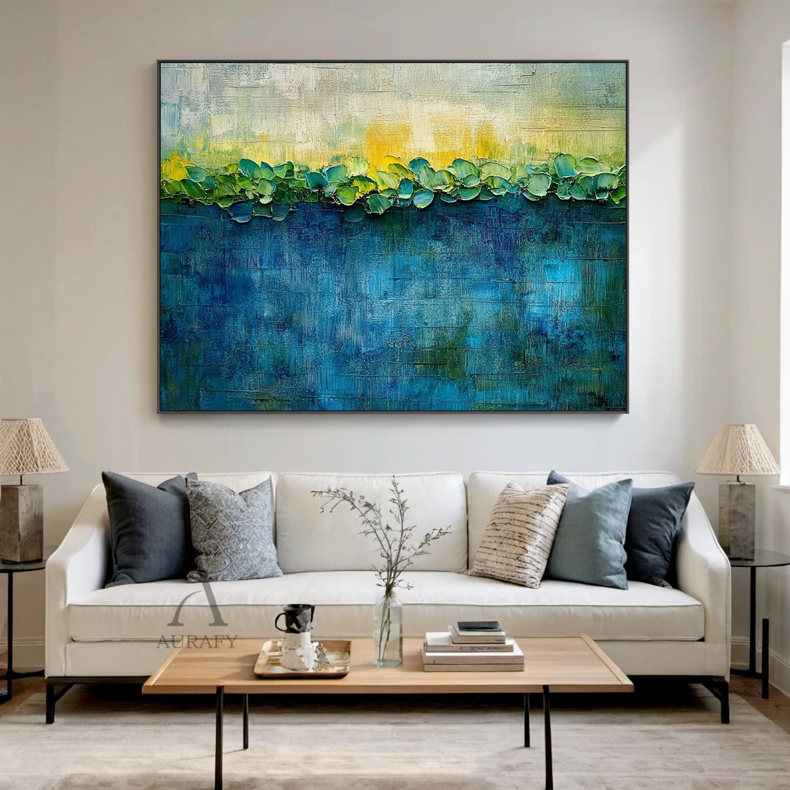 3D Textured Blue Green Impasto Art Sculpted Plant Forms Tactile Canvas Knife Strokes AURA436