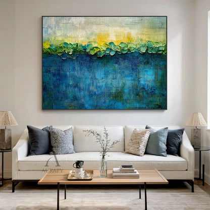 3D Textured Blue Green Impasto Art Sculpted Plant Forms Tactile Canvas Knife Strokes AURA436
