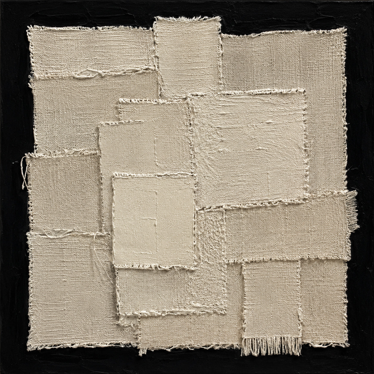 Wabi-Sabi Japandi 3D Textured Black Beige Sculpted Canvas Plaster Tactile Fringe Minimalist Abstract Painting AURA759