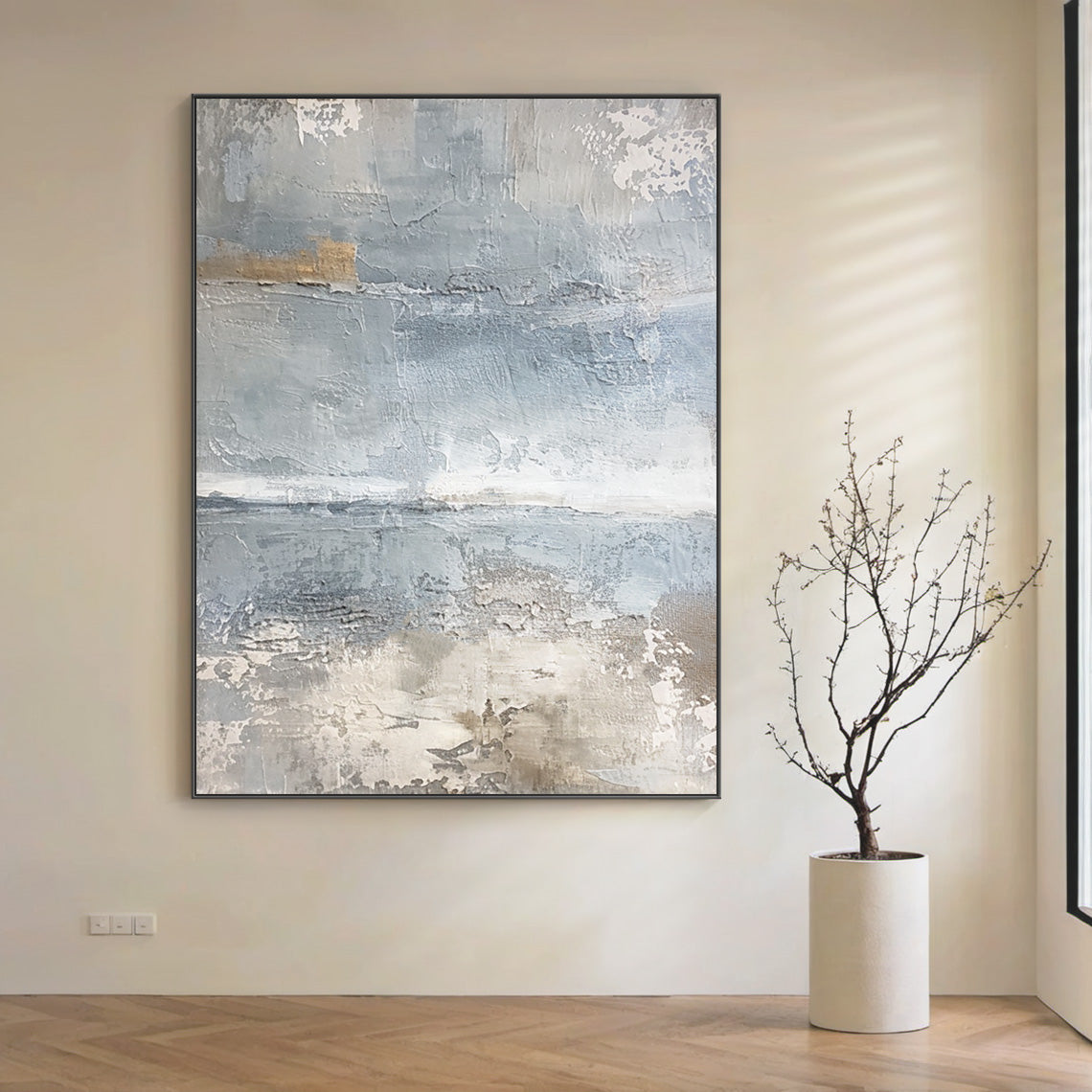 Minimalist Seascape Texture Canvas – Cool Blue & Taupe Painting – AURA035(Square)
