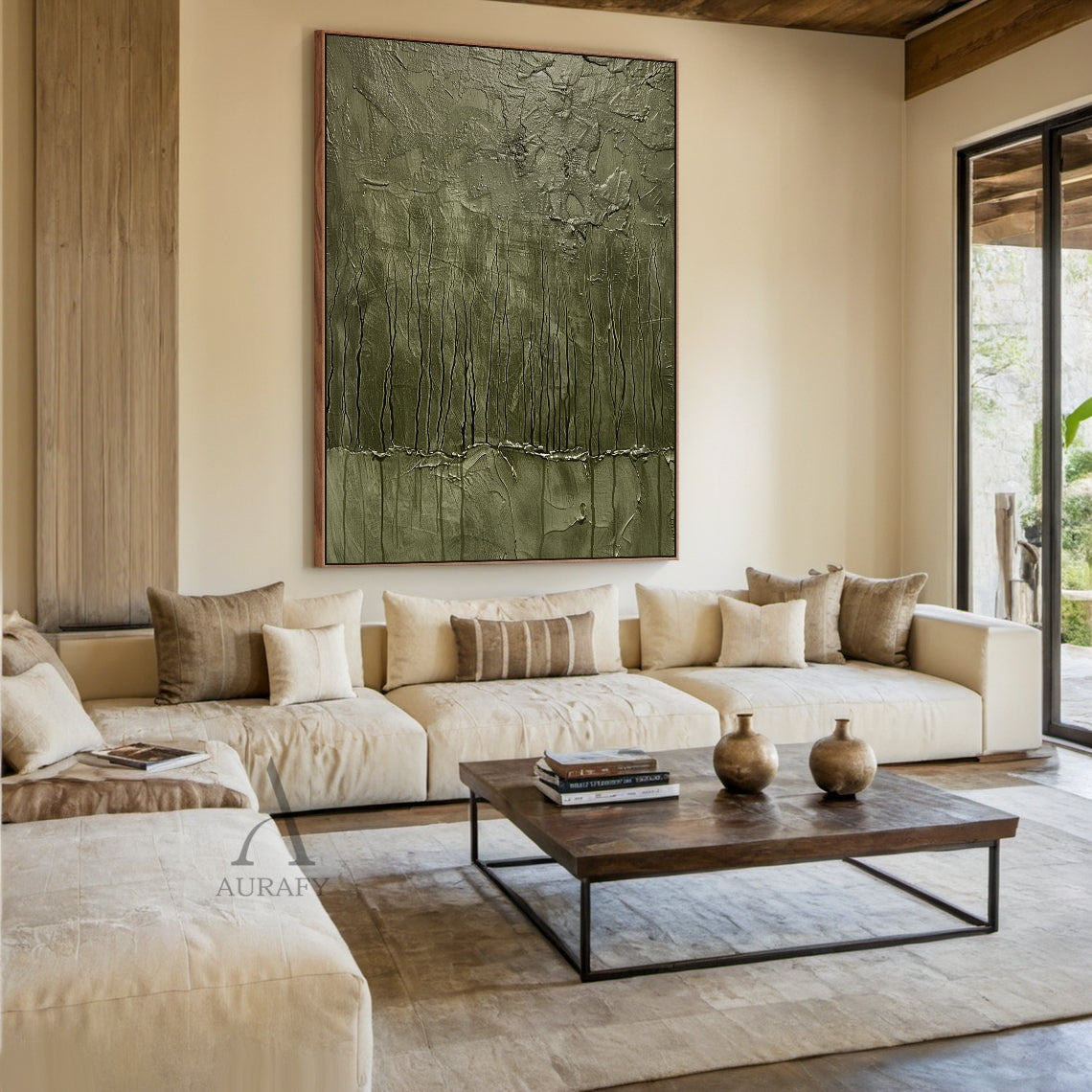 Green Abstract Art Thick Impasto Tactile Surface Vertical Drip Lines Sculpted Wall Art AURA461