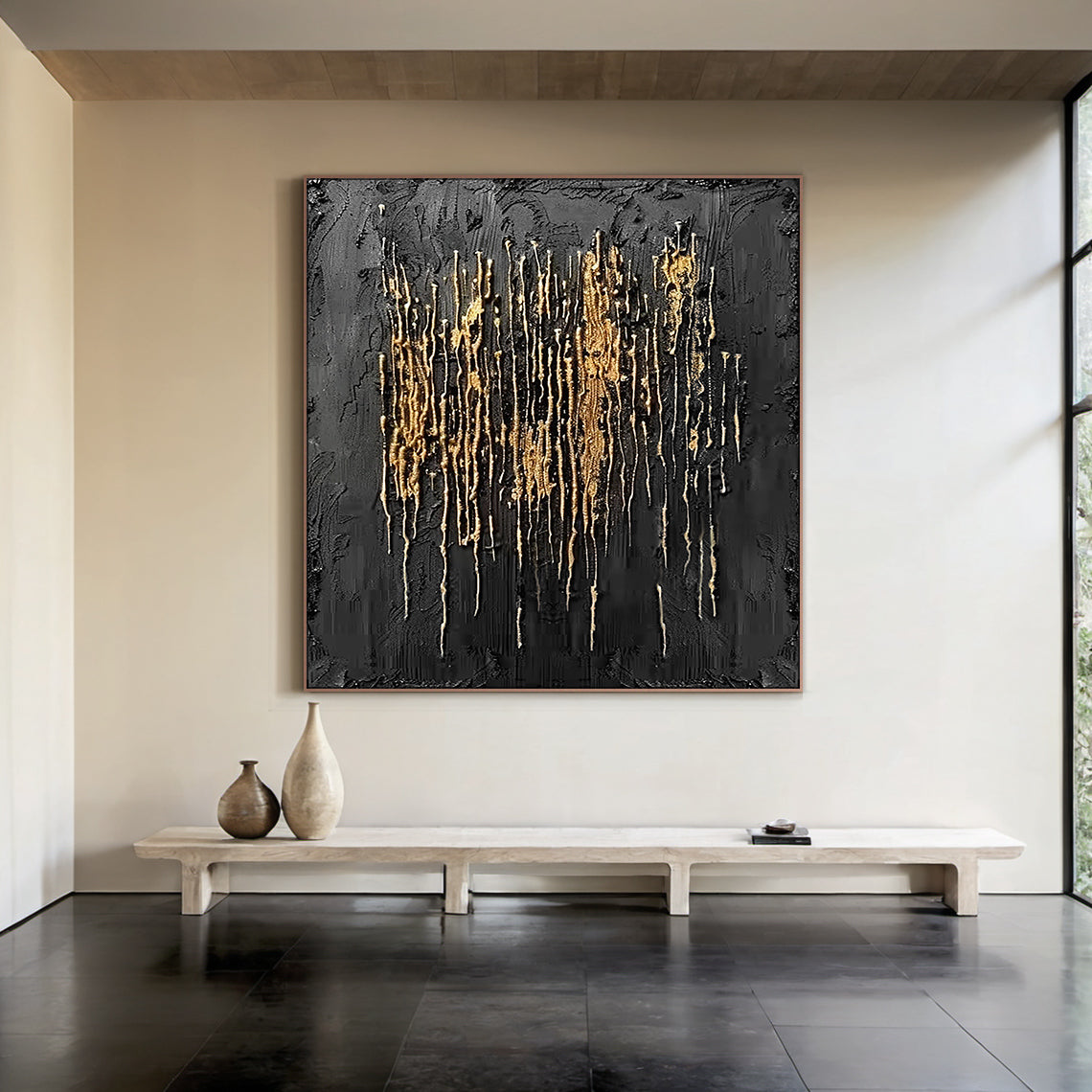 Metallic Drip Texture Canvas – Charcoal & Gold Accents – AURA031(Horizontal)