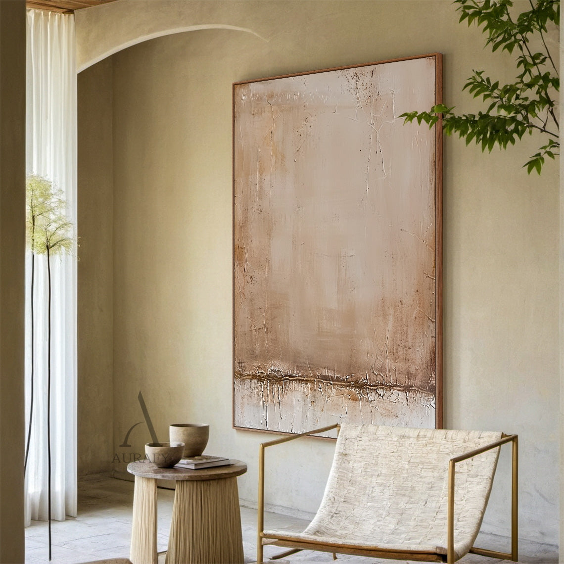 Beige Abstract Art Crackle Texture Wabi-Sabi Minimalist Tactile Surface Mottled Finish Thick Band AURA621