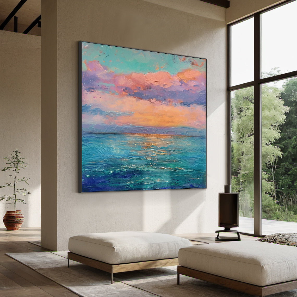Blue Pink Textured Landscape Knife Stroke Coastal Sunset Canvas Wall Art Modern Organic Home Decor AURA712