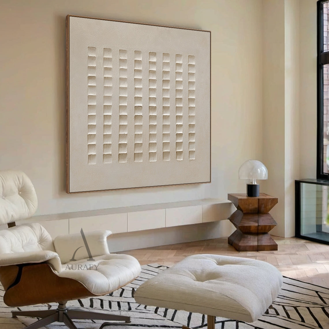 Abstract Beige Plaster Art Modern Minimalist Structured Grid High-Relief Tactile Wabi-Sabi Sculpted Decor AURA633