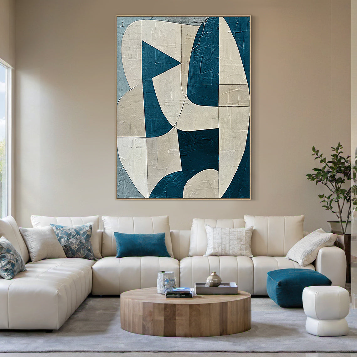 Textured Abstract Blue Beige Wall Art for Modern Living Room AURA164