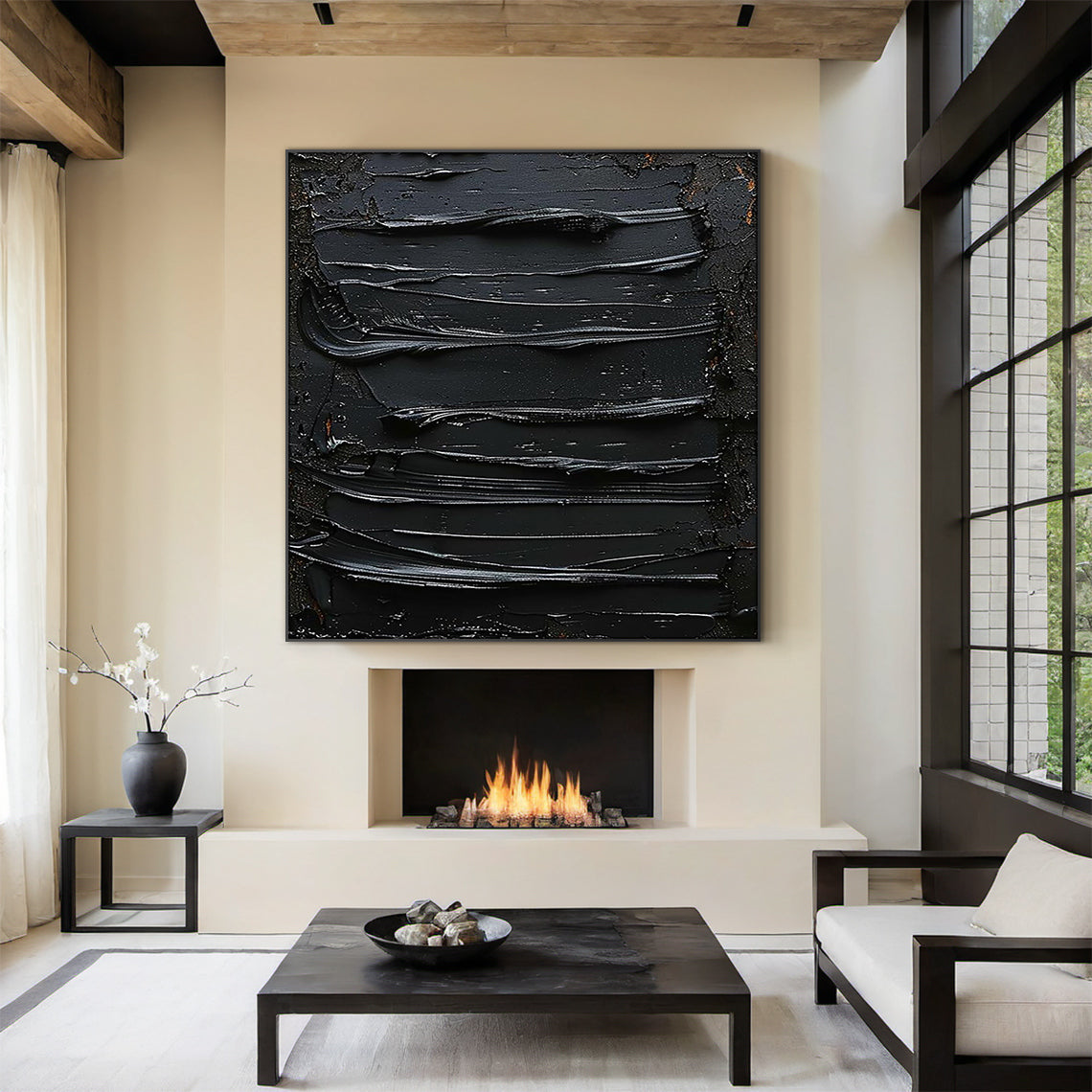 Sculptural Impasto Painting – Matte & Gloss Black Tones – AURA004(Horizontal)