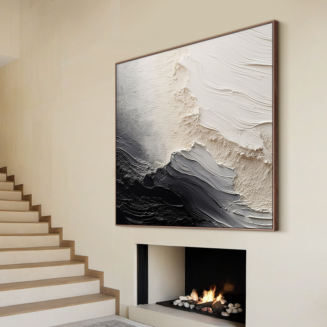 Organic Swirl Painting – Cream, Gray & Charcoal Tones – AURA001(Vertical)
