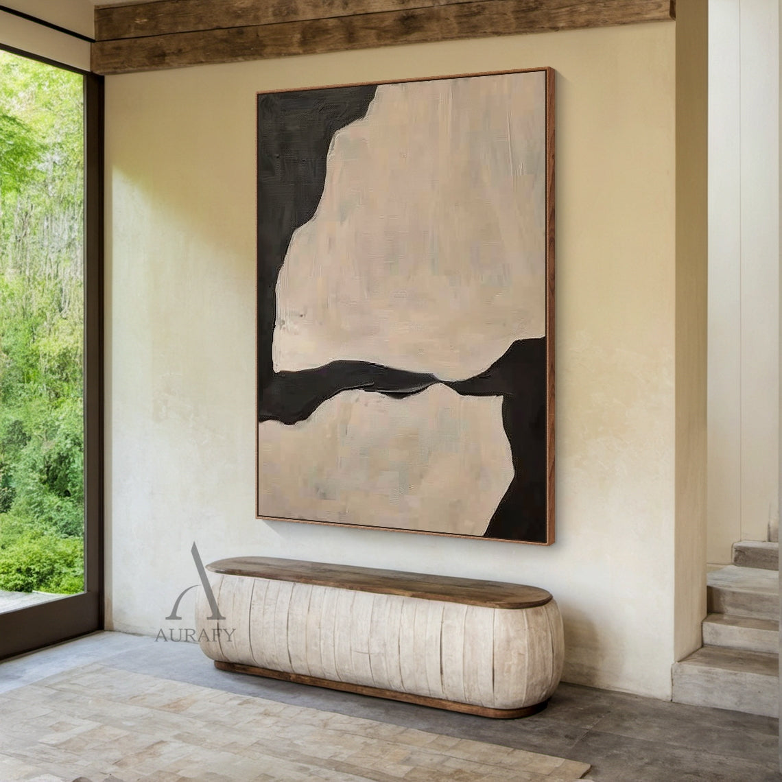 Beige Organic Abstract Painting with Flowing Black Negative Space - AURA838