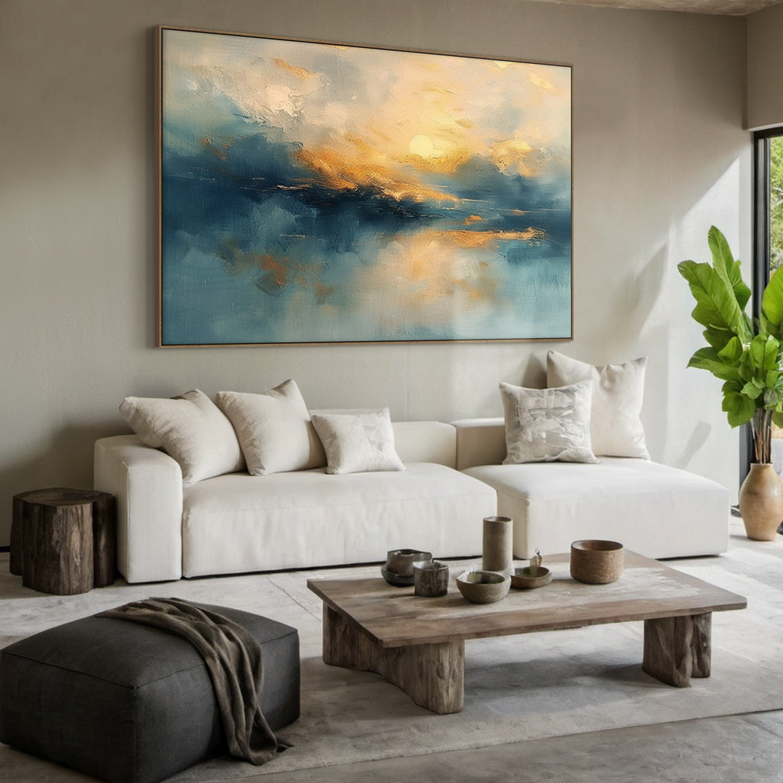 Blue Textured Landscape Art Knife Stroke Gold Sunset Canvas Japandi Minimalist Coastal Wall Artwork Decor AURA708