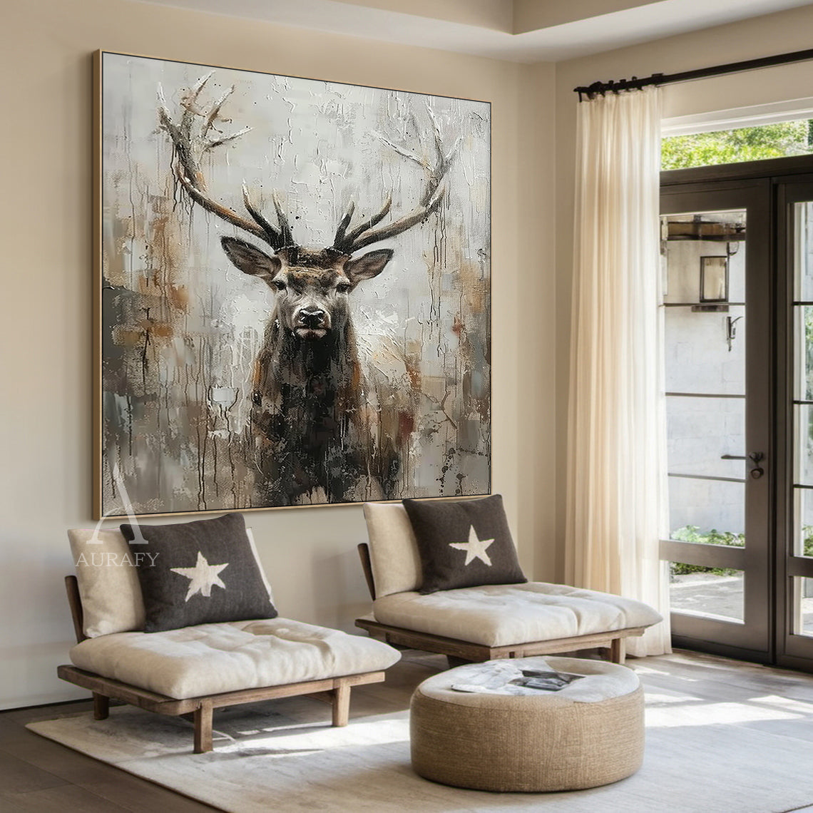 Large Textured Brown Stag Oil Painting Animal Wall Art for Living Room Canvas-AURA337