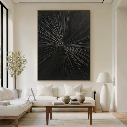 Minimalist Black Wall Art Tactile High-Relief Scratch-Textured Silver Metallic Lines Sculpted Abstract AURA456