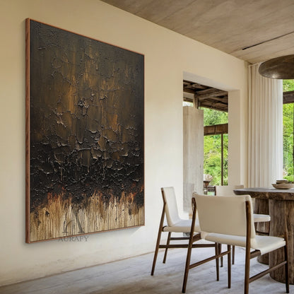Brown Abstract Painting with Cracked Layers and Trailing Marks - AURA848