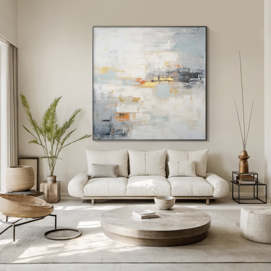 Modern Abstract Blue Beige Gold Wall Art for Living Room - AURA187