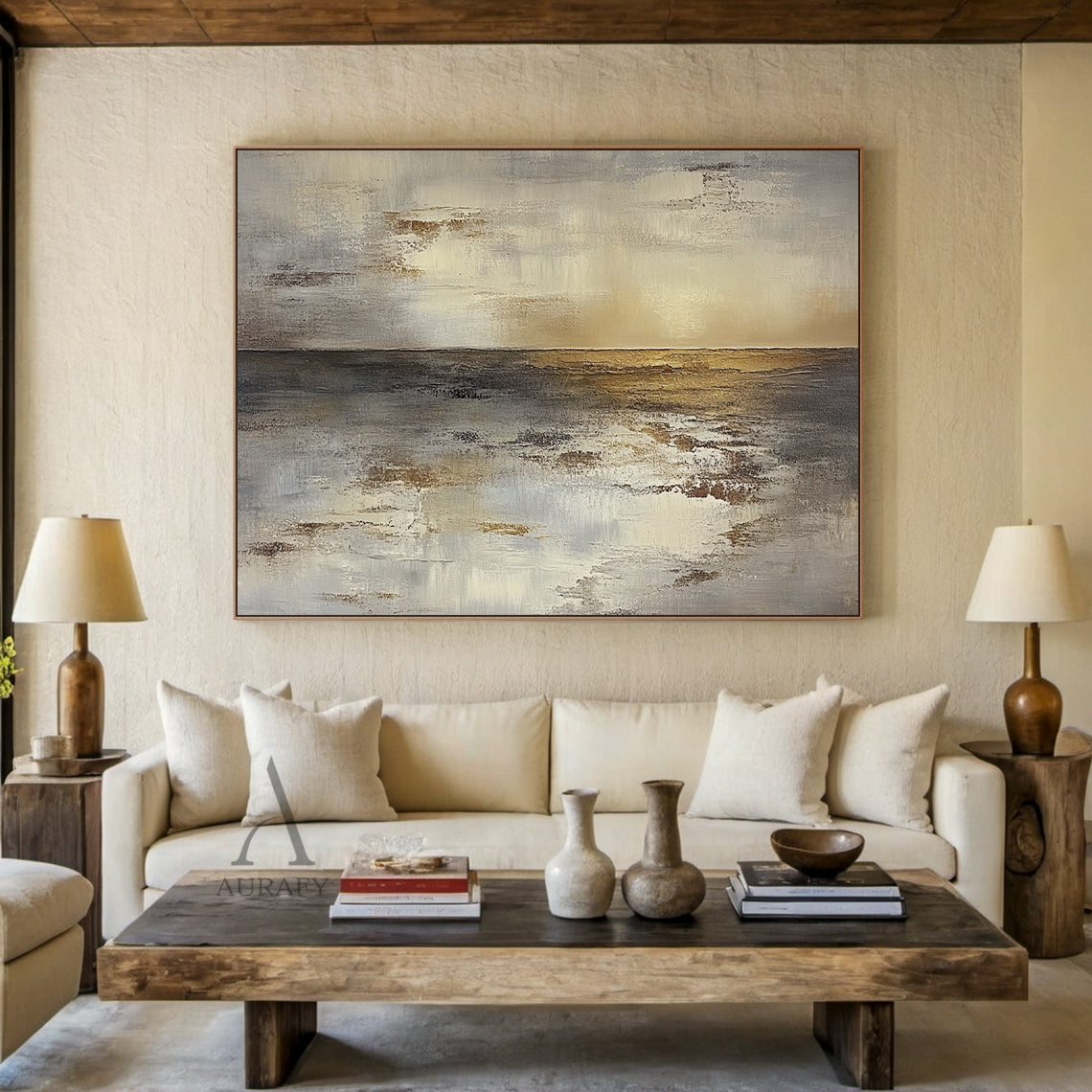 Beige and Brown Atmospheric Abstract Painting with Rippling Light - AURA827