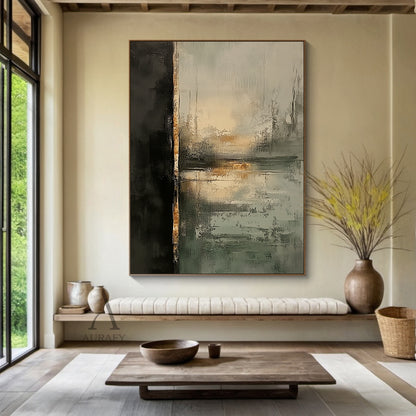 Black Green Abstract Art Plaster Textured Tactile Surface Worn Metal Organic Accent AURA619