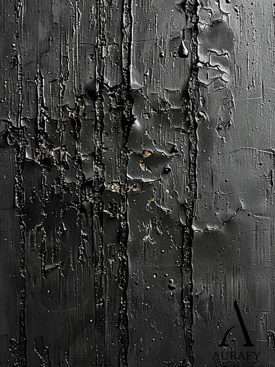 3D Textured Black Abstract Minimalist Painting Cracked Impasto Raised Ridges Tactile Artwork AURA529