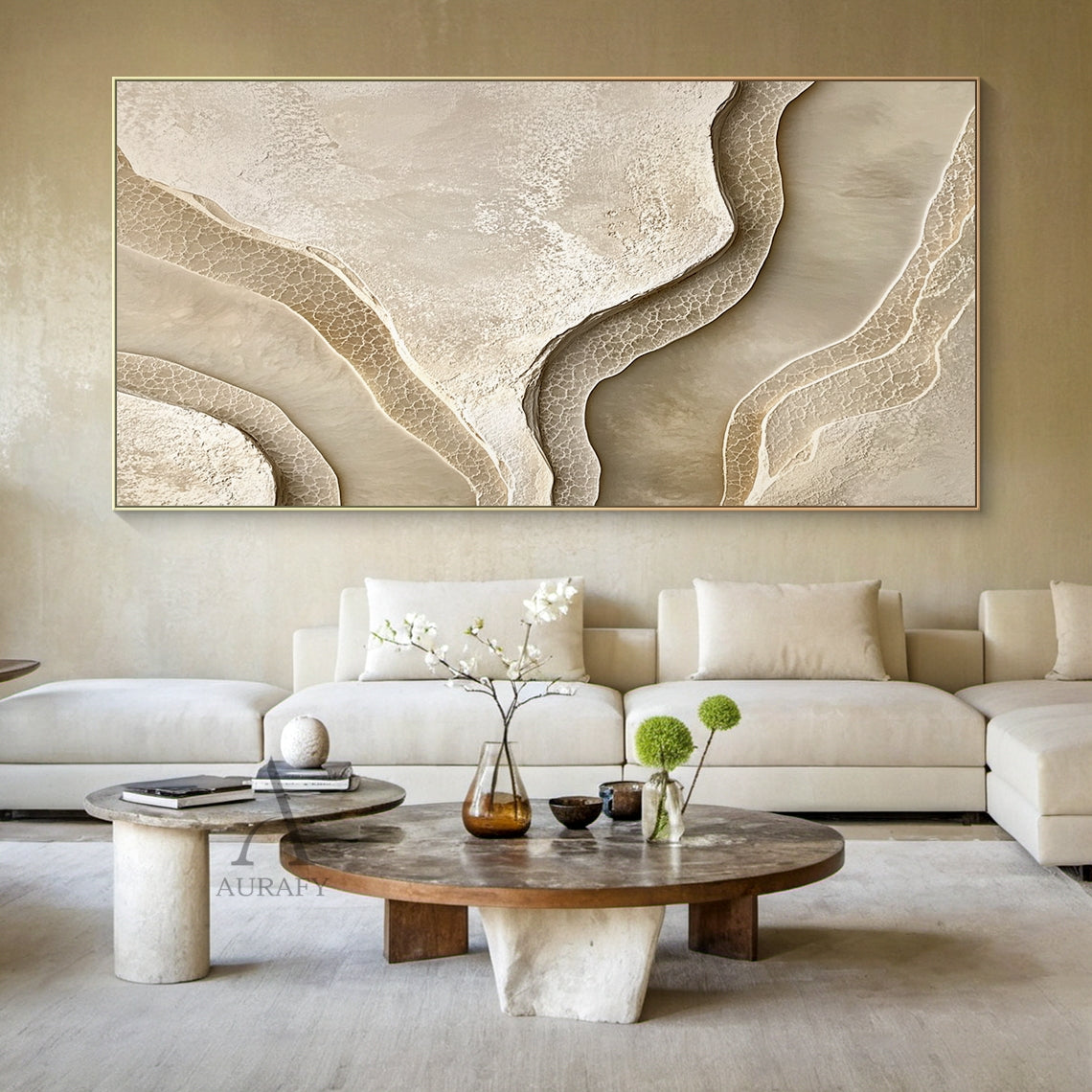 Beige Abstract Landscape Art Tactile High-Relief Plaster Sculpted Canvas Modern Organic Piece AURA439