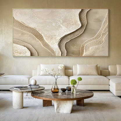 Beige Abstract Landscape Art Tactile High-Relief Plaster Sculpted Canvas Modern Organic Piece AURA439
