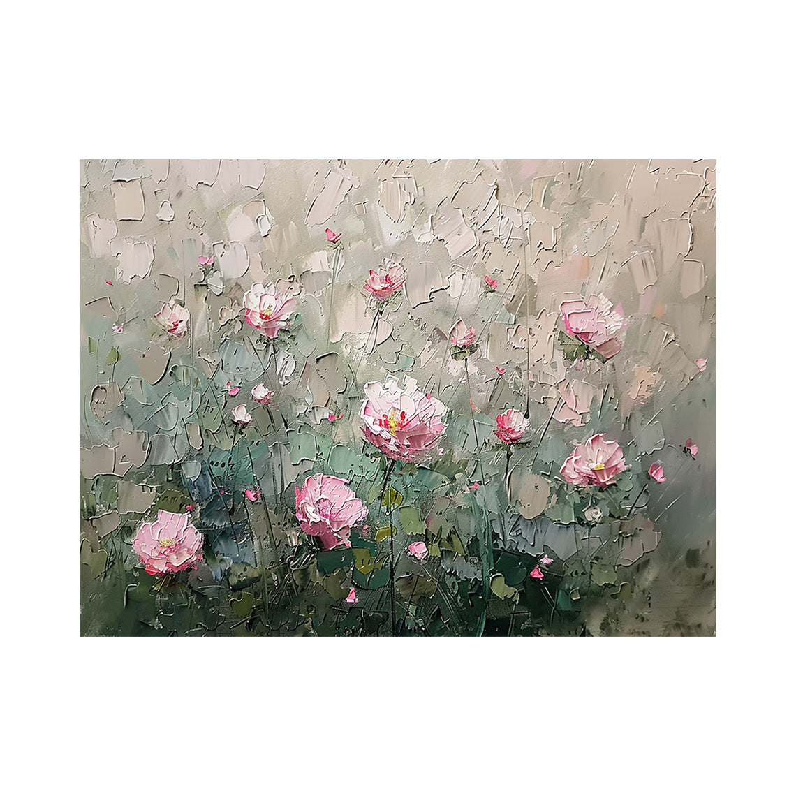 Palette Knife Textured Pink Wildflower Wabi-Sabi Wall Art Modern Organic Green Landscape Sculpted Canvas Painting AURA778