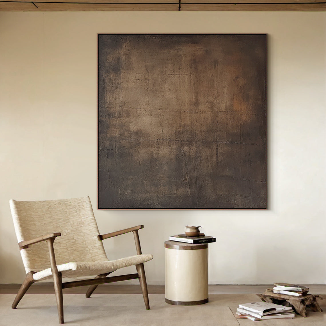 Wabi-Sabi Minimalist Wall Art – Aged Brass & Tobacco Brown – AURA016(Square)