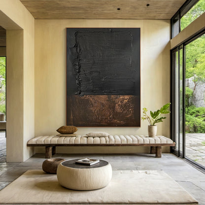 Wabi Sabi Black Brown Abstract Art with Thick Paint Distressed Edges Tactile Surface AURA579
