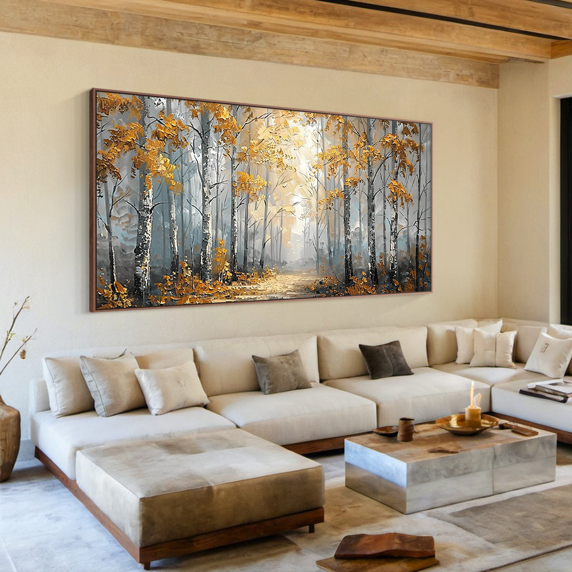 Plaster Textured Autumn Birch Forest Knife Stroke Wabi-Sabi Yellow Brown Gray Canvas Wall Art AURA716