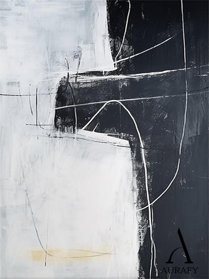 Black White Abstract Art with Rough Brushstrokes Geometric Blocks Organic Lines Tactile Surface AURA492