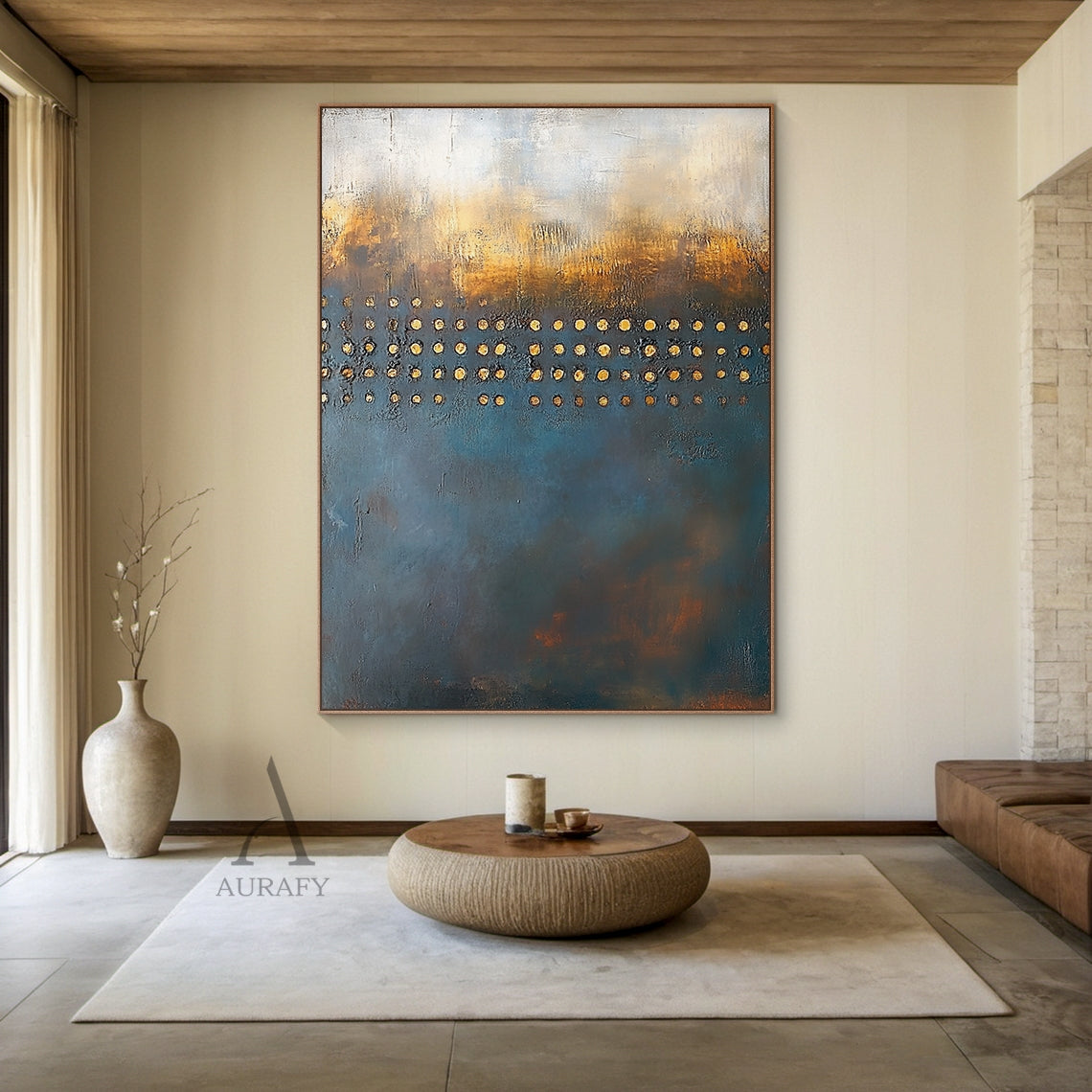 Blue and Beige Abstract Wall Art with a Golden Dot Grid - AURA851
