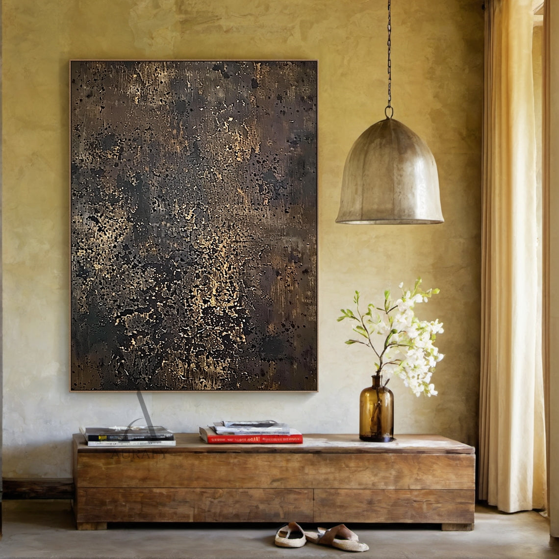 Brown Abstract Texture Painting with Scattered Golden Flecks - AURA839