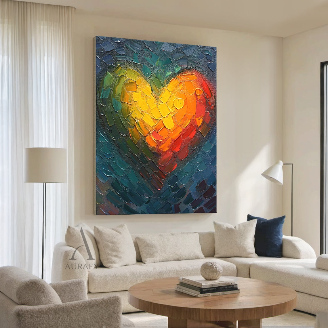 Abstract Heart Oil Painting Impasto Knife Strokes Warm Yellow Red Cool Blue Tactile Surface AURA623