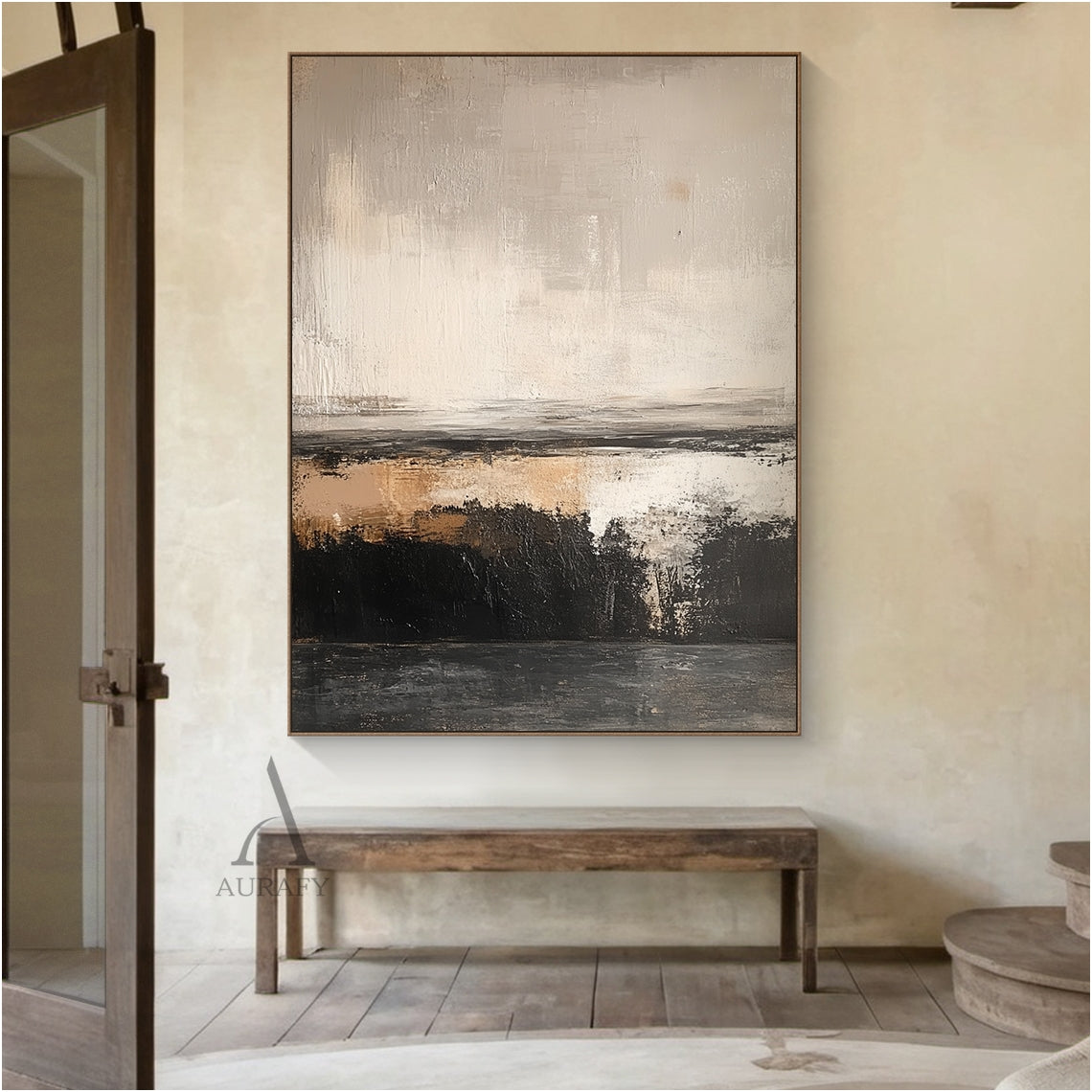 Beige and Black Abstract Painting with a Broken Ochre Accent - AURA852