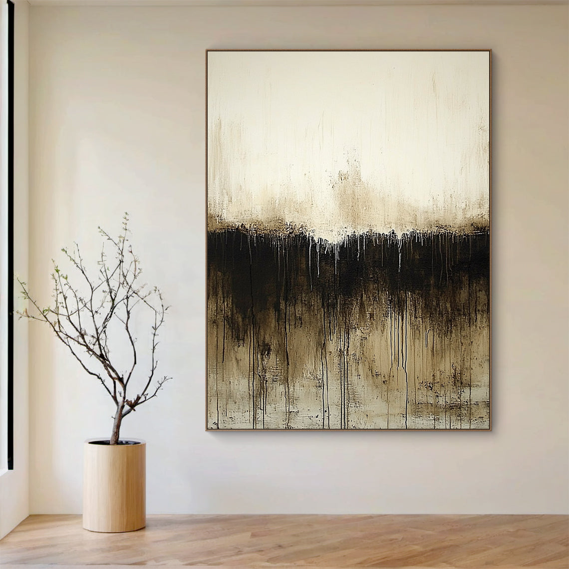 Wabi Sabi Abstract Art Beige Black Hand-Painted Drips Tactile Surface Organic Lines Unrefined Texture AURA583