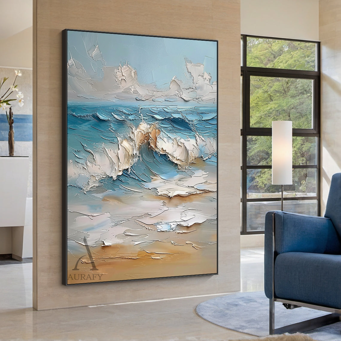 Blue Coastal Wave Beach Wall Art - AURA681